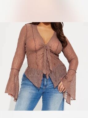 Fashion Nova Sheer Lace Tie-Front Blouse in Mauve